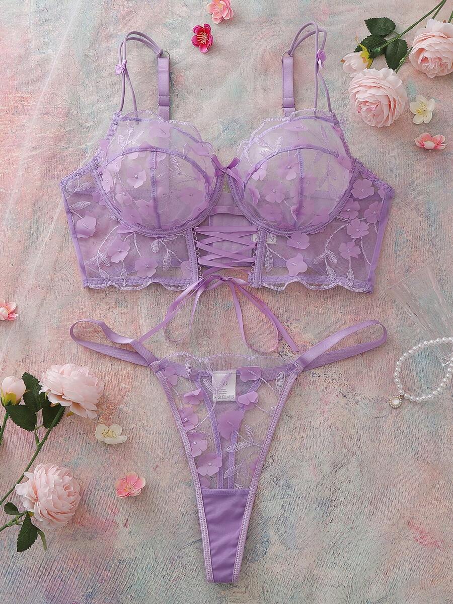 2pcs Romantic Embroidered Hollow-Out Cross Strap Underwire Bra Set - Mauve Purple - View 1