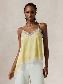 Briarwyn Women's Casual Vacation Style Contrast Lace Asymmetrical Hem Loose Camisole Top,Yellow Top ,Valentine Outfits For Women,Elegant Women's Top,Summer Tops,Vacation Outfits Women ,Old  Money Style - Yellow - View 8