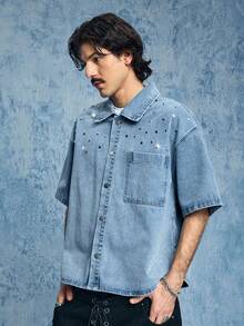 ROMWE MEN Grunge Punk 男士翻领单排扣铆钉休闲百搭日常短袖牛仔衬衫 - 棕色 - 查看 7