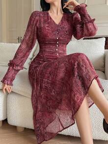 DAZY 女士优雅通勤全印花美人鱼中长连衣裙 - 玫紅色 - 查看 3