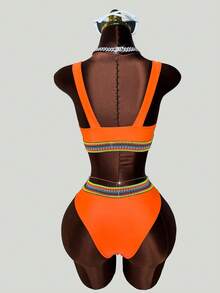 Slaydiva Conjunto de bikini de talle alto y cinta de contraste de talla grande, traje de baño de verano para playa - Naranja - Ver 2