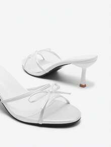 女士网眼面料透气露趾高跟凉鞋，百搭简约设计，蝴蝶结修身细高跟凉拖，夏季新品 - 白色 - 查看 5