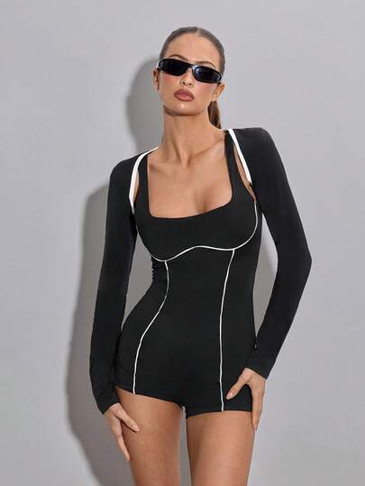 SHEIN ICON Damen Jumpsuit mit Kontrastbesatz, quadratischem Ausschnitt und rückenfreiem, ärmellosen Design