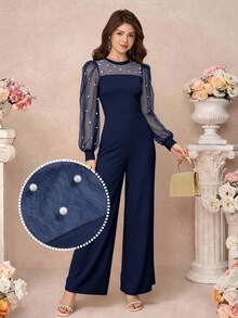 Pitira Kids Teen Girl Knit Contrast Mesh Beaded Round Neck Long Sleeve Jumpsuit Royal Blue Formal Jumpsuit Jumpsuits For Women Runway Jumpsuit Formal Jumpsuit Formal Jumpsuit For Girls Teen Royal Blue Dress Jumpsuit Jump Suit Runway Jump Suits For Teenage Girls Jumpsuits For Woman - Navy Blue - View 5