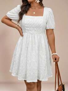 SHEIN VCAY 大码女式纯色短款泡泡袖方领连衣裙 - 白色 - 查看 5