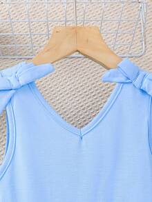 SHEIN Girls' V-Neck Sleeveless Dress, Backless Bow Tie Princess Dress, Blue Casual Vacation Minimalist Dress, Girls' Summer Sleeveless Dress - Blue - View 6