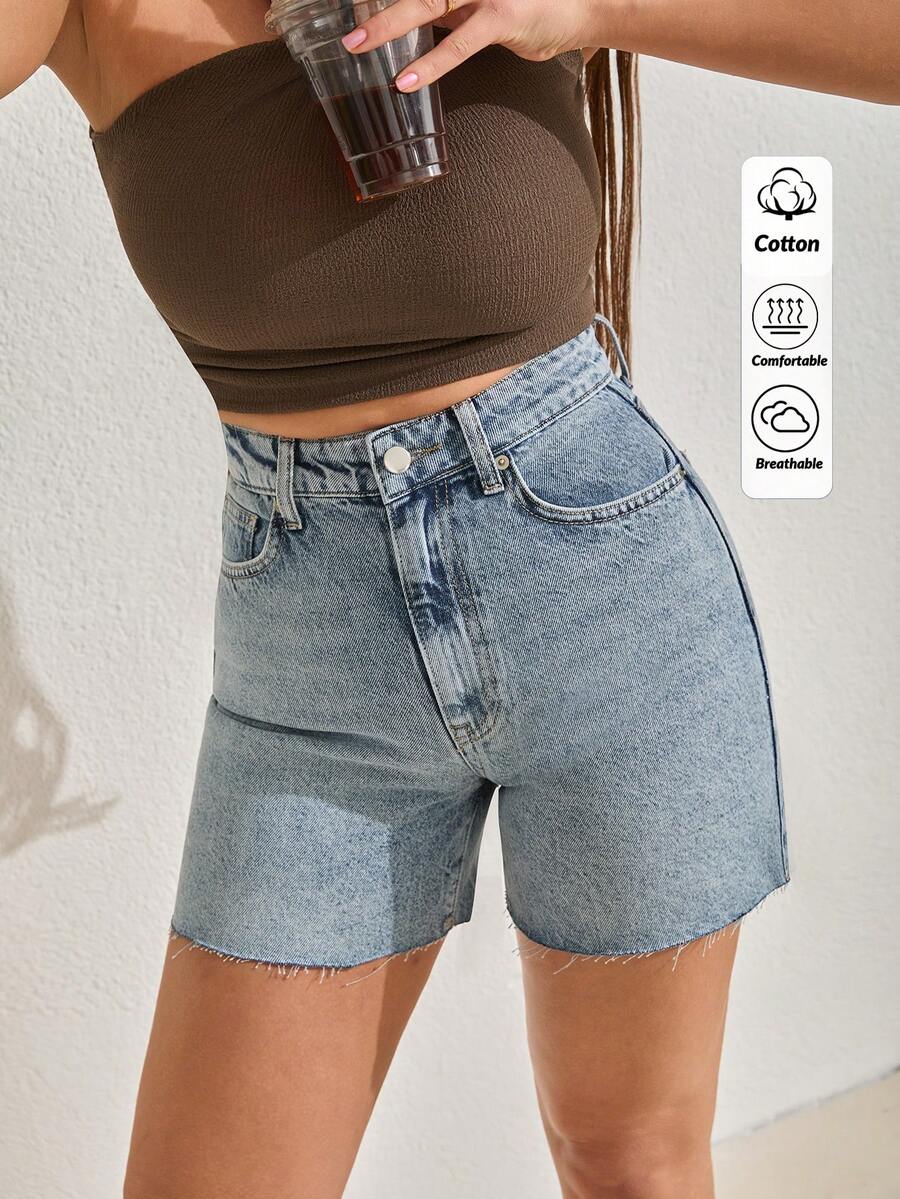 SHEIN 高腰女士牛仔中度水洗蓝色休闲短款 - 中等水洗藍 - 查看 1