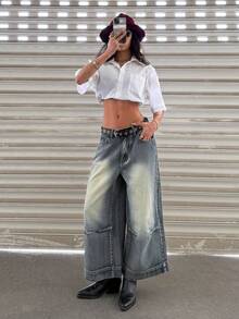 Jeanoix Y2K Women's Pleated Pocket Wide Leg Loose Casual Jeans - Medium Wash - View 3