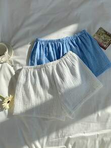 Comfortcana 2026春夏新款女士100%纯棉质感面料白色蓝色短裤多件套，适合女士度假、复活节、圣帕特里克节、派对、外出、婚礼、毕业典礼、优雅、休闲、奢华、正式、情人节、狂欢节、沙滩套装、居家休闲、大学、女士休闲套装、白色裤子、健身房等场合穿着。 - 藍色 - 查看 2