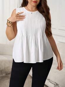 SHEIN LUNE 大码女式纯色圆领褶皱休闲百搭背心，适合度假、夏季外出、情人节等场合，白色上衣。 - 白色 - 查看 5