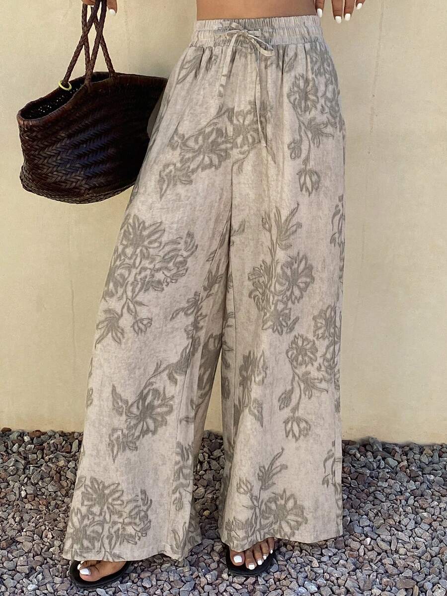 DAZY 女士休闲碎花阔腿裤，春季 - 灰色 - 查看 1