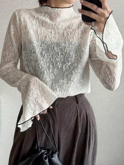 FRIFUL 女士圆领蕾丝面料修身喇叭袖纯色休闲T恤