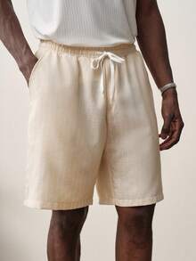 STYNVO 男士夏季休闲通勤条纹抽绳腰短裤 男士亚麻短裤 米色短裤 男士米色亚麻短裤 男士亚麻短裤 - 杏色 - 查看 4