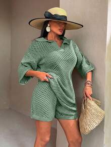 EURMUSE Casual Tropical Oversized Mesh Knit Top With Polo Collar - Perfect For Layering In Sage Green Set With Shorts Beach Vacation Summer - Mint Green - View 5