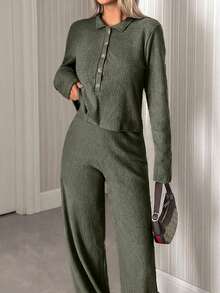 SHEIN Set de 2 piese pentru femei înalte, cu top și pantaloni, casual, cu mânecă lungă - Verde Armată - Vizualizare 7