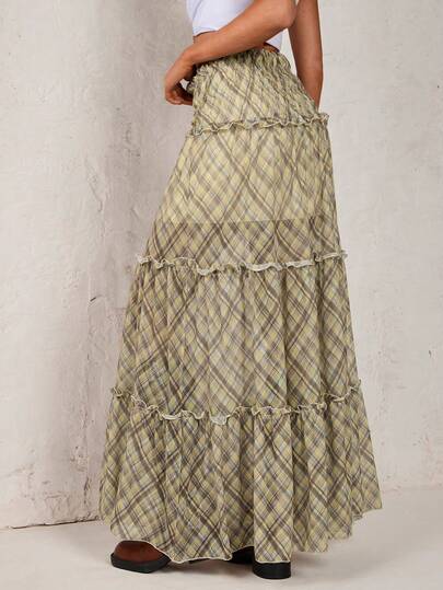 SHEIN Glamour 复古格纹荷叶边女士夏季度假街头风长裙