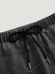 SHEIN MOD 大码女式抽绳腰休闲铅笔牛仔迷你裙 - 黑色 - 查看 3