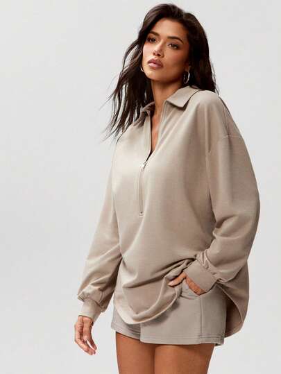 Denimoi 女士休闲纯色半拉链卫衣，适合春秋季穿着