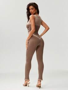 Denimoi 低领束腰无袖针织连体裤 性感连体裤 休闲机场穿搭 - 棕色 - 查看 5