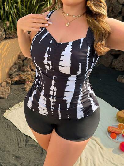 Swim Lushoire New Plus Size Women's Multi-Color Print Black Splice Spaghetti Strap Top & Fitted Shorts Swimwear, Slimming & Shaping, Vacation & Leisure
