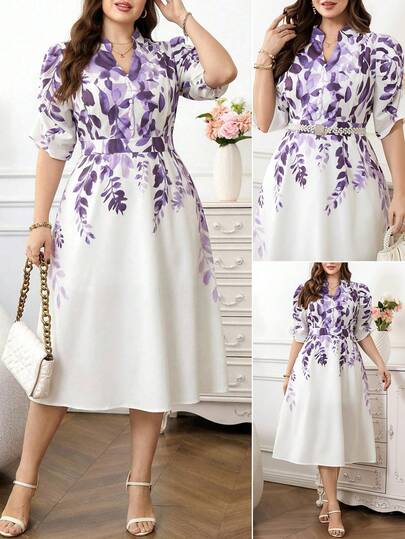 Reflora Plus Size Floral Print Notched Neck Elegant Dress, Spring/Summer