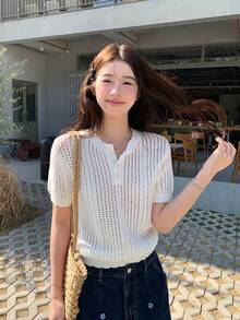 DAZY Women's Solid Color Knit Top, Versatile Korean Style, Spring/Summer Golf White Basic - White - View 10