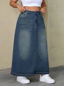 SHEIN ICON Váy denim dài dáng rộng, thoải mái, chất liệu denim mài. - Rửa tối - Xem 4