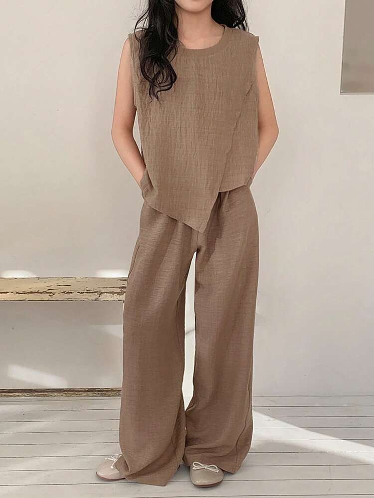 Tween Girls' Casual Vacation & Commute Minimalist Solid Color Asymmetrical Hem Loose Sleeveless Top And Wide Leg Pants Set Summer