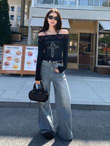 DAZY Quần jeans ống loe nữ kiểu Hàn Quốc, chất liệu có họa tiết, thích hợp cho những dịp thường ngày. - Màu xanh lam - Xem 3