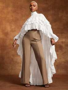 Blusa con cuello de pico, volantes y bajo irregular en gasa negra transparente - Blanco - Ver 3