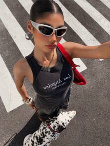 Muchica 2PCS Essential Everyday Items For Women: A Two-Piece Outfit Consisting Of An Embroidered Vest And Distressed, Washed-Out Sweatpants. Going Out Outfits Y2k T-Shirt Black Graphic Print Casual Crew Neck Sleeveless Retro Summer Activewear Set - Black - View 6