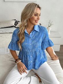 Louniche 优雅女士蓝色印花休闲通勤舒适迷人衬衫，亚麻质感 - 寶藍色 - 查看 5