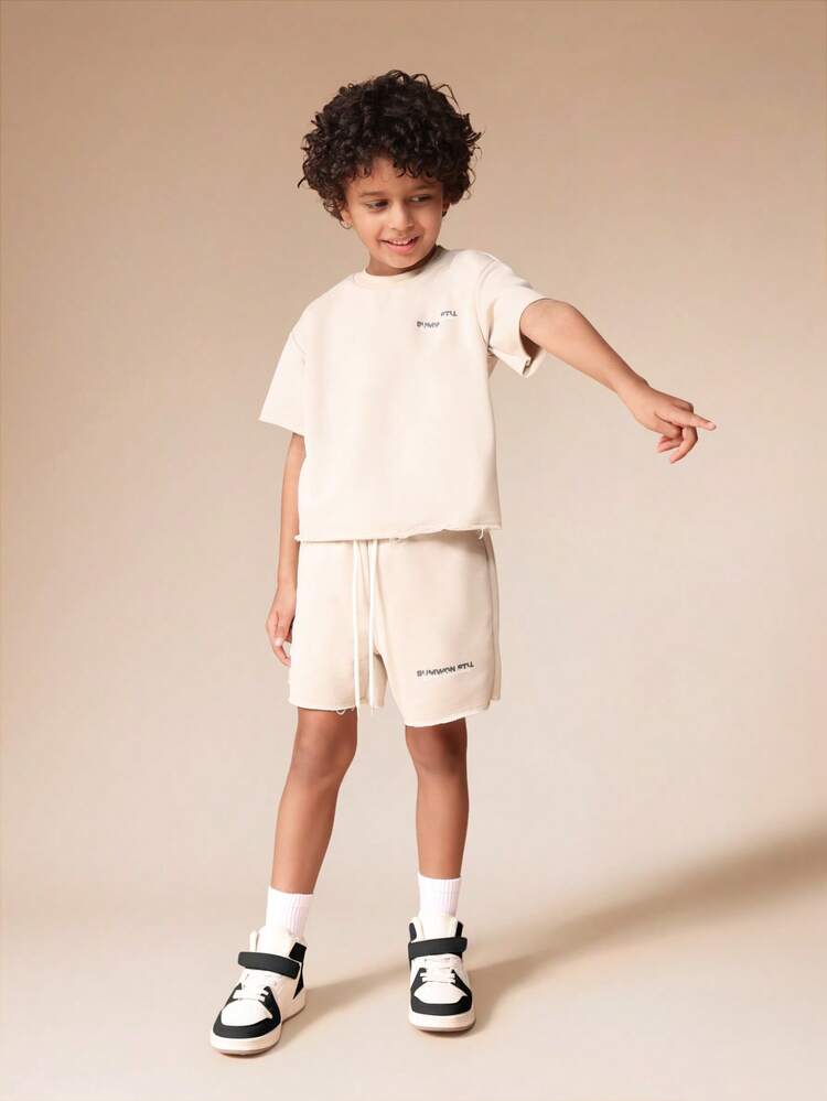 Crew Neck Tee And Shorts Set With Raw Edge Detail