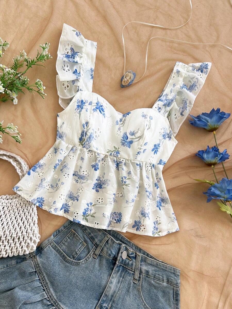 Soleia WYWH 女士度假宽松方领短袖衬衫，粉色碎花方领短袖上衣 - 藍白色 - 查看 1