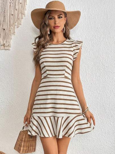 SHEIN Clasi Women's Round Neck Cap Sleeve Waist Cinching Striped Short Dress, Suitable For Daily Wear In Multiple Occasions Summer Dress