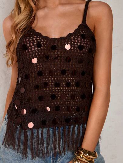 Glamine Elegant Coffee-Colored Sequin Trim Crochet Lace Hem Tasseled Spaghetti Strap Vest, Romantic Vacation, Spring/Summer Date/Party Sexy Hollow Women Knit Top