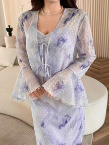 Feyla 女士波点褶皱吊带连衣裙和长袖开衫两件套，时尚百搭，适合约会和派对 - 彩色 - 查看 6