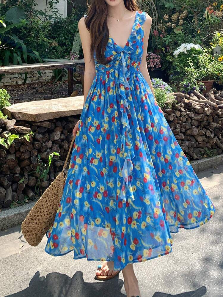 Women's Vacation All-Over Print Summer Midi Dress, Fresh Korean Style Boho