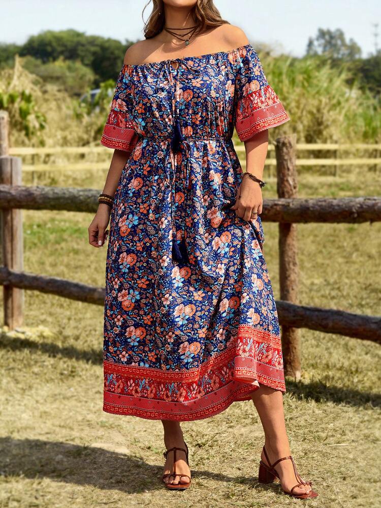 Plus Size Women's Summer Casual Vacation Country  Floral Print Off-Shoulder Long Dress, Spring/Summer,Summer Holiday,Spring Break Outfits ,Vacation Outfits Women ,Holiday Outfits For Women,Going Out Outfits,2026 New Clothes,Simple And Fashionable For Everyday Wear,Flowy Dress ,Suitable For Summer, Vacation, Daily Wear,Beach Outfits For Women ,Casual Vacation Boho Dress,Western Style