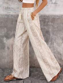 Brillora 女士休闲优雅浪漫简约舒适印花长裤，弹性腰带设计，耐受性高，春夏款 - 杏色 - 查看 1