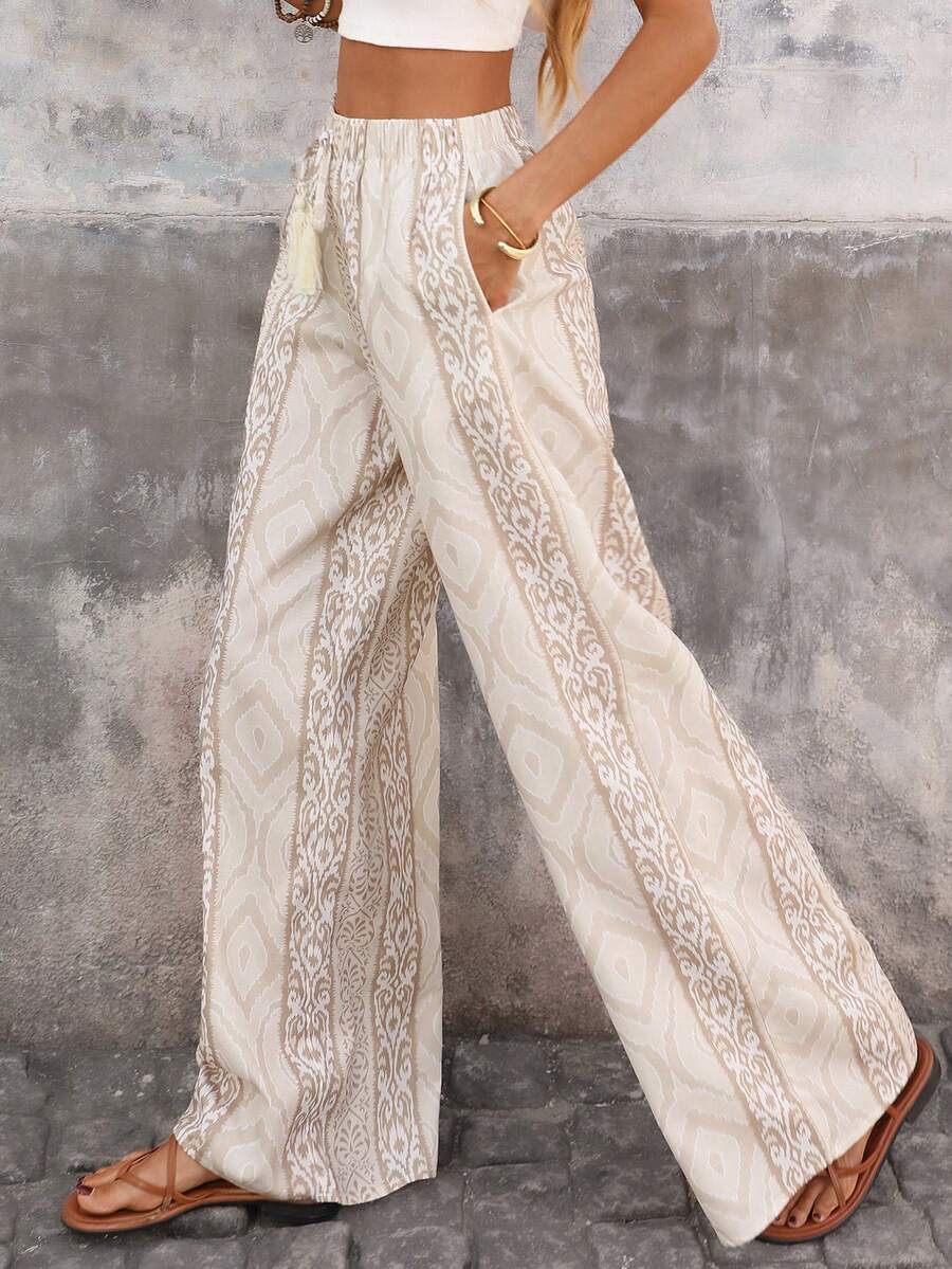 Brillora 女士休闲优雅浪漫简约舒适印花长裤，弹性腰带设计，耐受性高，春夏款 - 杏色 - 查看 1