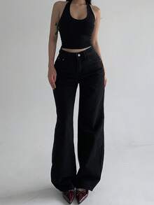 DAZY 女士高腰口袋直筒宽松休闲百搭牛仔裤 - 黑色 - 查看 6