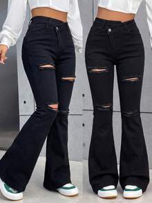 SHEIN PETITE Women's Low Waist Skinny Flared Jeans, Dark Grey Jeans - Black - View 2