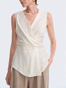 Aalyst Women's Summer Casual Solid Color Wrap Sleeveless Shirt - Apricot - View 3