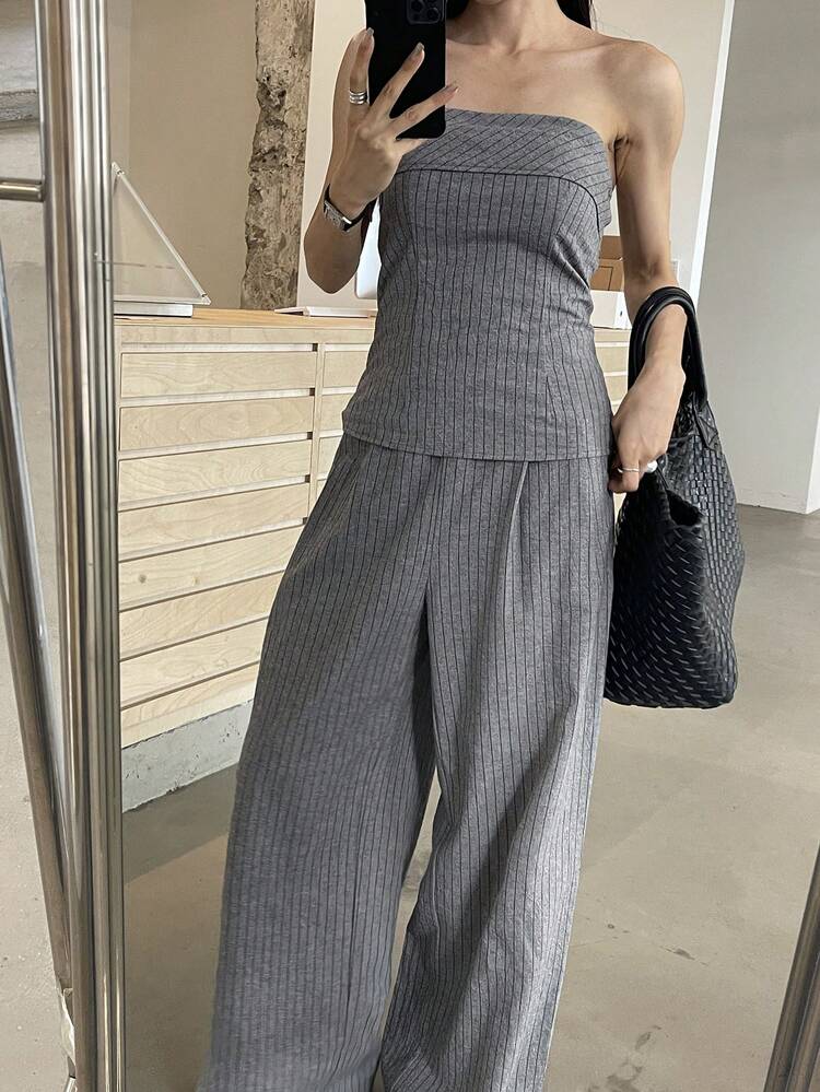 Women's Casual Striped Bandeau Top And Pants 2 Pieces Set, Summer