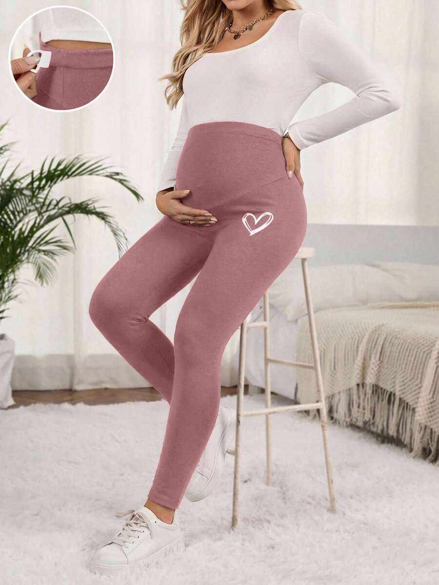 SHEIN 可调节腰围孕妇爱心印花打底裤 - 粉色 - 查看 1