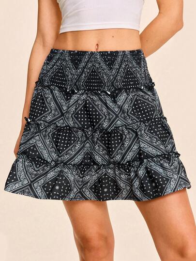 Coeurva 女士休闲优雅浪漫印花半身裙，黑色半身裙，白色半身裙，春夏款