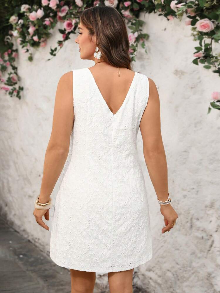 Plus Size Women's Summer  Elegant Casual Vacation Solid Color White Round Neck Sleeveless Fitted Short Dress,Summer Holiday,Spring Break Outfits ,Vacation Outfits Women ,Holiday Outfits For Women,Going Out Outfits,2026 New Clothes,Simple And Fashionable For Everyday Wear,Suitable For Summer, Vacation, Commute, Daily Wear,White Dresses ,Beach Outfits For Women ,Jacquard Fabric