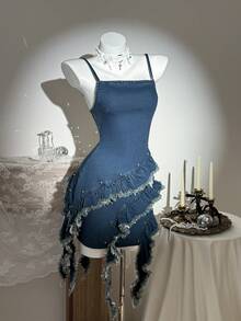 Elamini Women's Summer Casual Beaded Ruffle Trim Denim Slip Dress - Blue - View 1