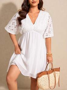 Elaquor Plus Size Women Hollow Out Embroidery Ruffle Sleeve Vacation Dress Autumn Beach Allover White Boho Gothic - White - View 6